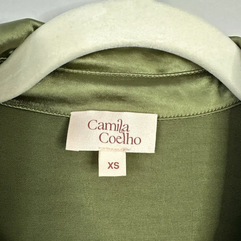 CAMILA COEHLO Priscilla Mini Dress Sage Green Satin Button Up Tie Waist Size XS